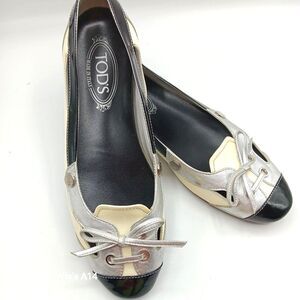 TOD'S Ivory Light gray Black Patent Leather Women's Shoes Sz EUR39 Made in Italy